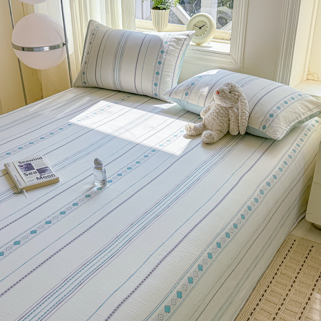 91家纺网 家纺一手货源 找家纺 灰鲸 2026新款全棉纯棉色织提花床单单床单床单单件 四叶星语-蓝