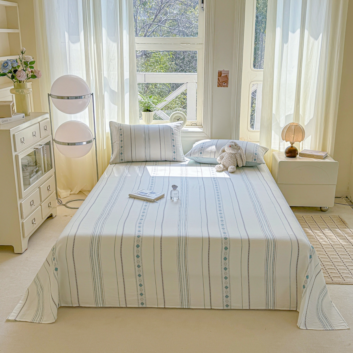 91家纺网 家纺一手货源 找家纺 灰鲸 2026新款全棉纯棉色织提花床单单床单床单单件 四叶星语-蓝