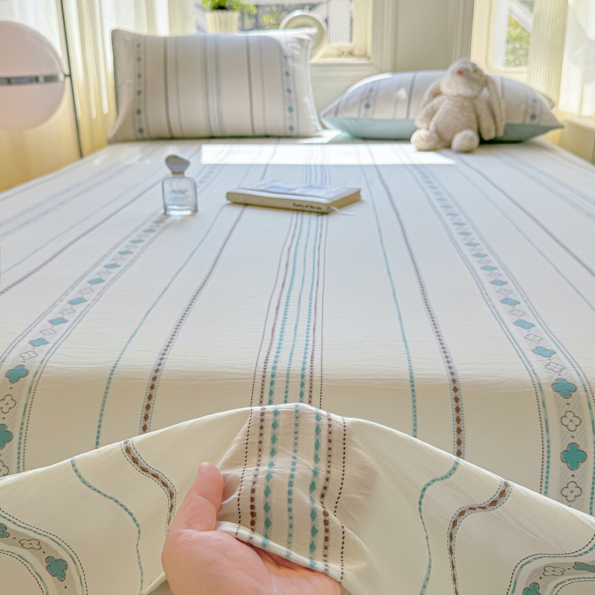 91家纺网 家纺一手货源 找家纺 灰鲸 2026新款全棉纯棉色织提花床单单床单床单单件 四叶星语-蓝