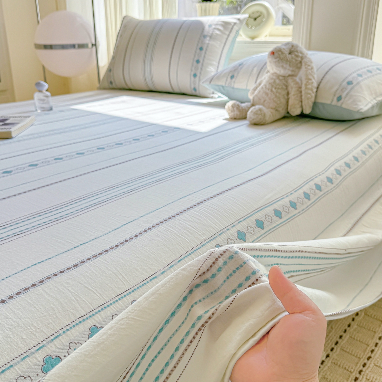 91家纺网 家纺一手货源 找家纺 灰鲸 2026新款全棉纯棉色织提花床单单床单床单单件 四叶星语-蓝