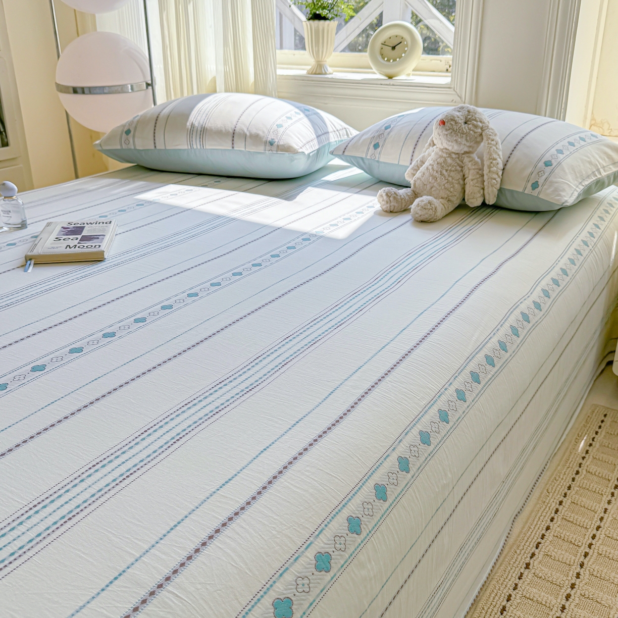 91家纺网 家纺一手货源 找家纺 灰鲸 2026新款全棉纯棉色织提花床单单床单床单单件 四叶星语-蓝