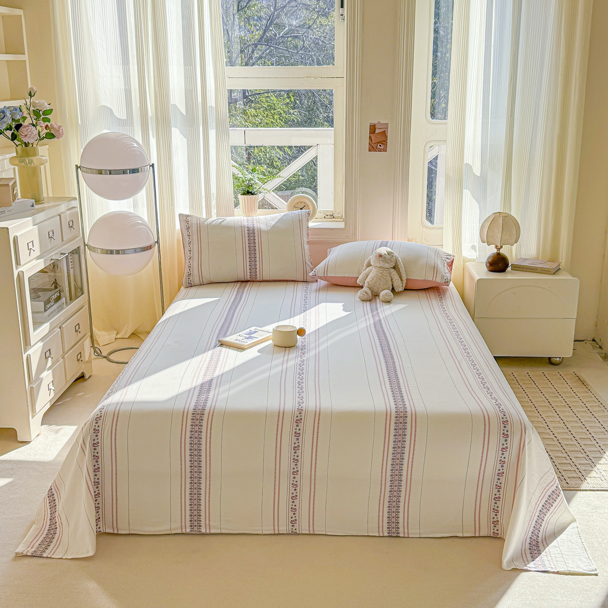 91家纺网 家纺一手货源 找家纺 灰鲸 2026新款全棉纯棉色织提花床单单床单床单单件 费尔岛小马-粉