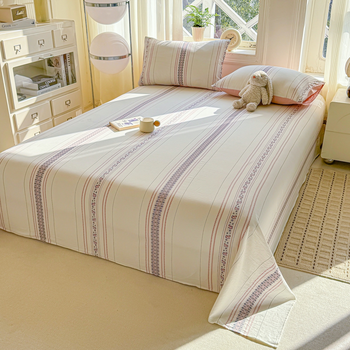 91家纺网 家纺一手货源 找家纺 灰鲸 2026新款全棉纯棉色织提花床单单床单床单单件 费尔岛小马-粉