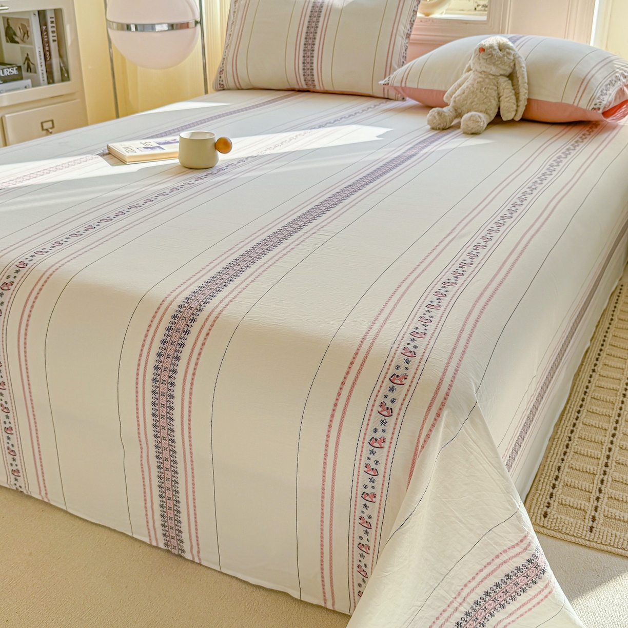 91家纺网 家纺一手货源 找家纺 灰鲸 2026新款全棉纯棉色织提花床单单床单床单单件 费尔岛小马-粉