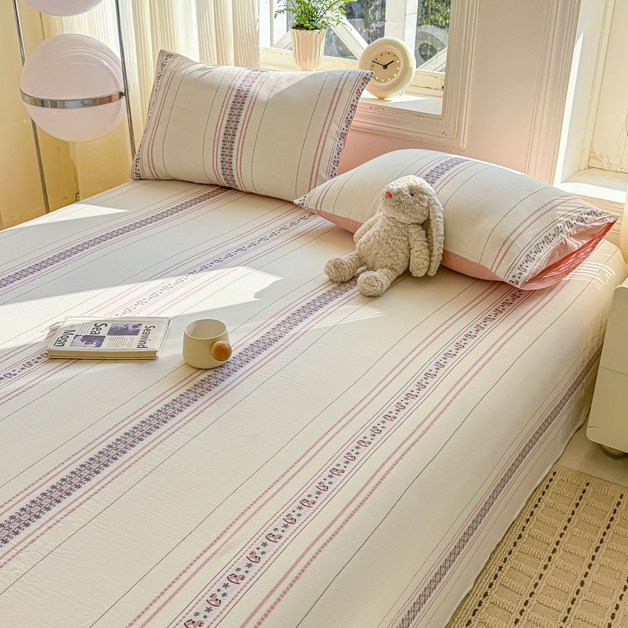 91家纺网 家纺一手货源 找家纺 灰鲸 2026新款全棉纯棉色织提花床单单床单床单单件 费尔岛小马-粉