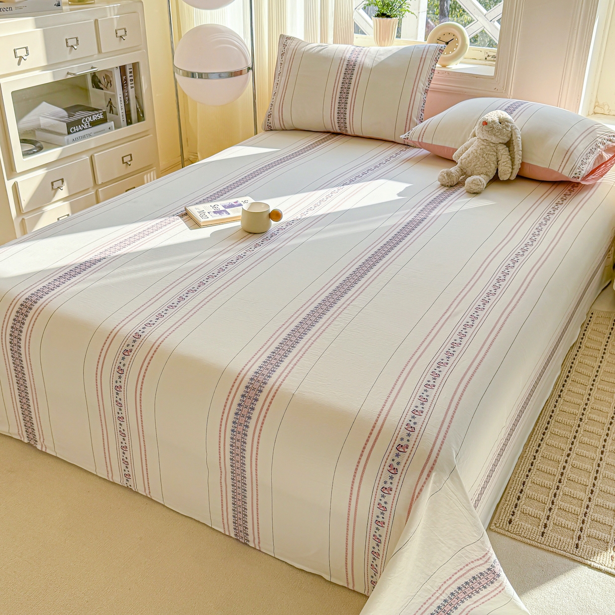 91家纺网 家纺一手货源 找家纺 灰鲸 2026新款全棉纯棉色织提花床单单床单床单单件 费尔岛小马-粉