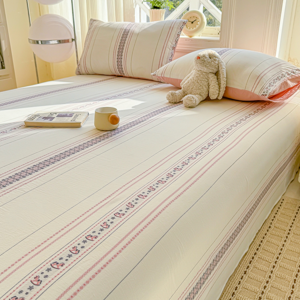 91家纺网 家纺一手货源 找家纺 灰鲸 2026新款全棉纯棉色织提花床单单床单床单单件 费尔岛小马-粉