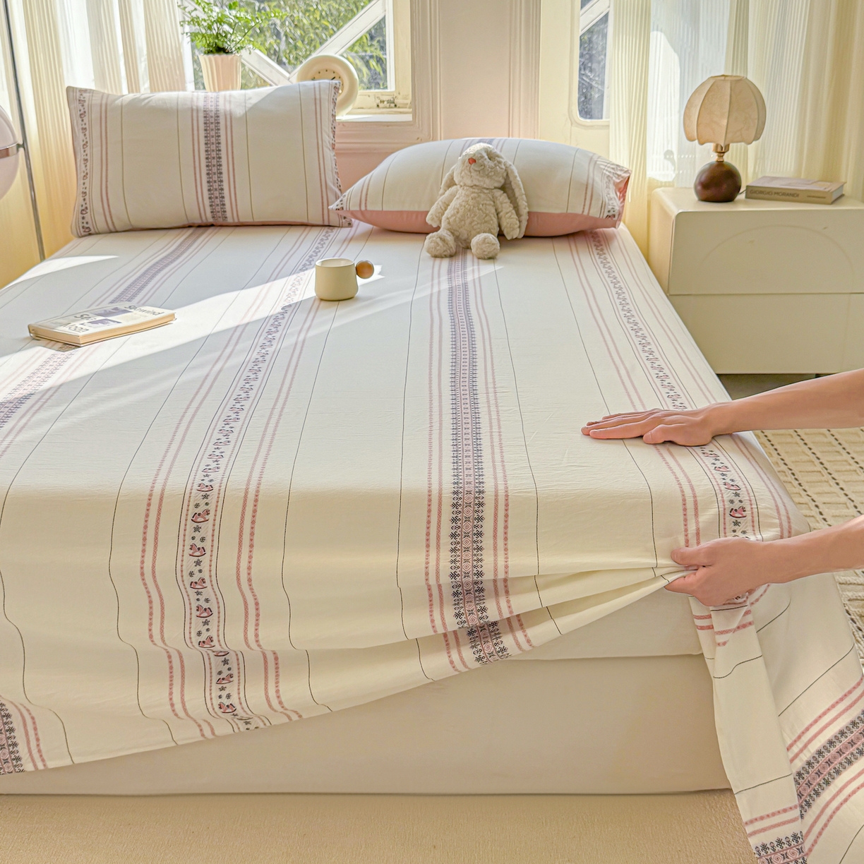 91家纺网 家纺一手货源 找家纺 灰鲸 2026新款全棉纯棉色织提花床单单床单床单单件 费尔岛小马-粉