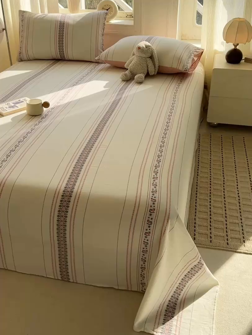 91家纺网 家纺一手货源 找家纺 灰鲸 2026新款全棉纯棉色织提花床单单床单床单单件 费尔岛小马-粉