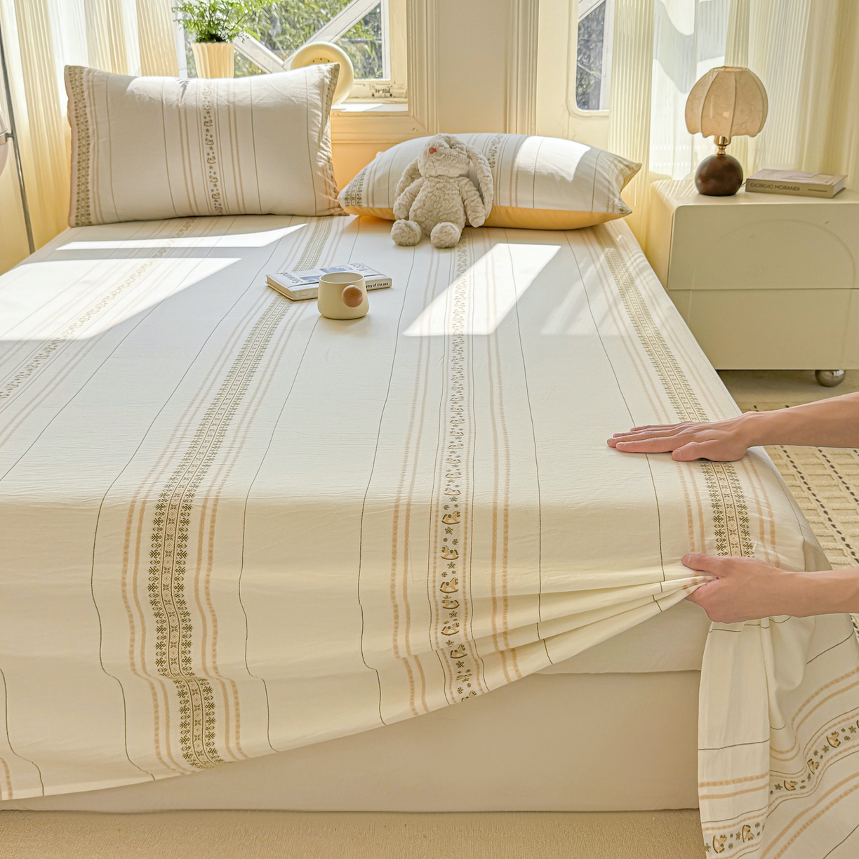 91家纺网 家纺一手货源 找家纺 灰鲸 2026新款全棉纯棉色织提花床单单床单床单单件 费尔岛小马-黄