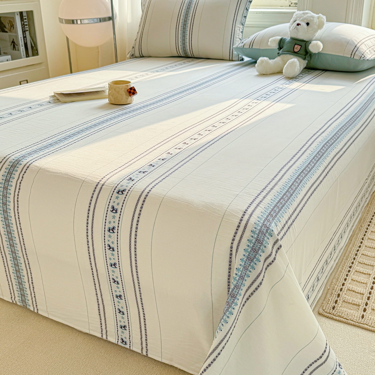 91家纺网 家纺一手货源 找家纺 灰鲸 2026新款全棉纯棉色织提花床单单床单床单单件 费尔岛小马-蓝