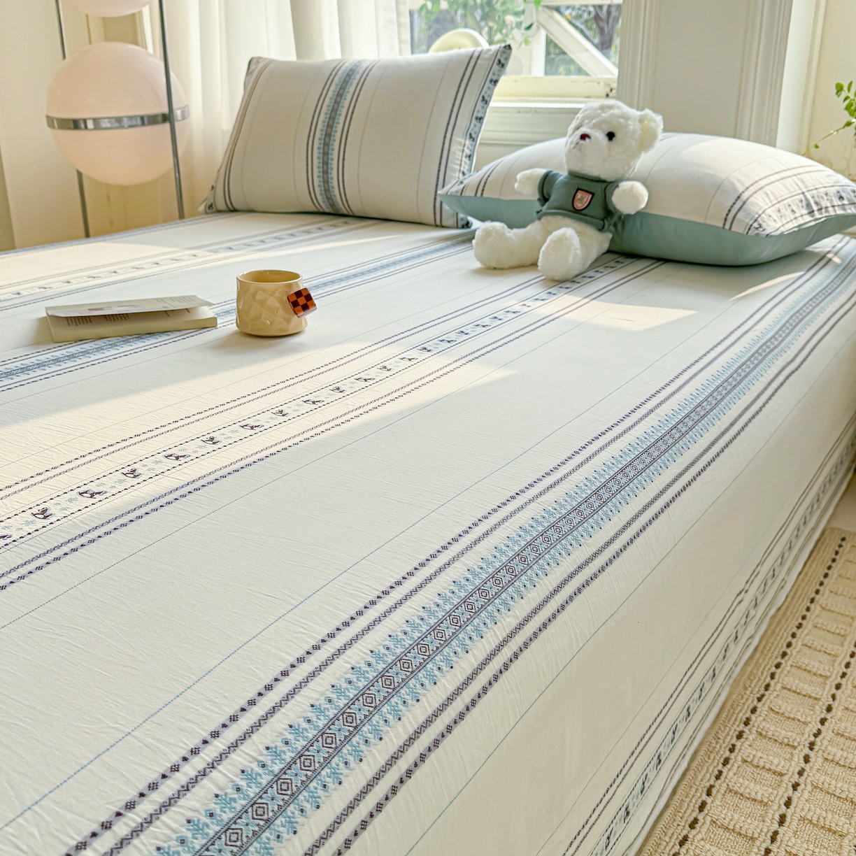 91家纺网 家纺一手货源 找家纺 灰鲸 2026新款全棉纯棉色织提花床单单床单床单单件 费尔岛小马-蓝