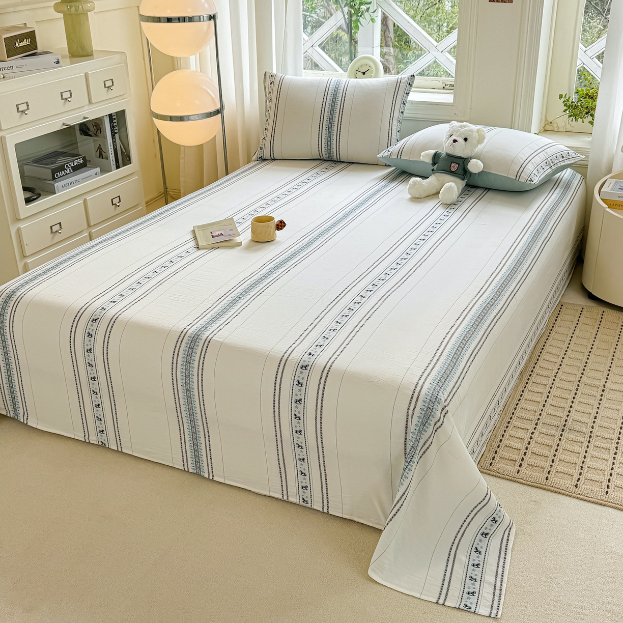 91家纺网 家纺一手货源 找家纺 灰鲸 2026新款全棉纯棉色织提花床单单床单床单单件 费尔岛小马-蓝