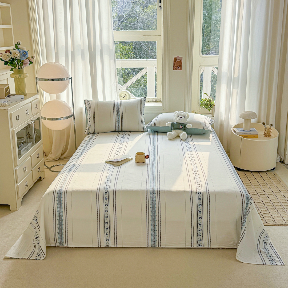 91家纺网 家纺一手货源 找家纺 灰鲸 2026新款全棉纯棉色织提花床单单床单床单单件 费尔岛小马-蓝