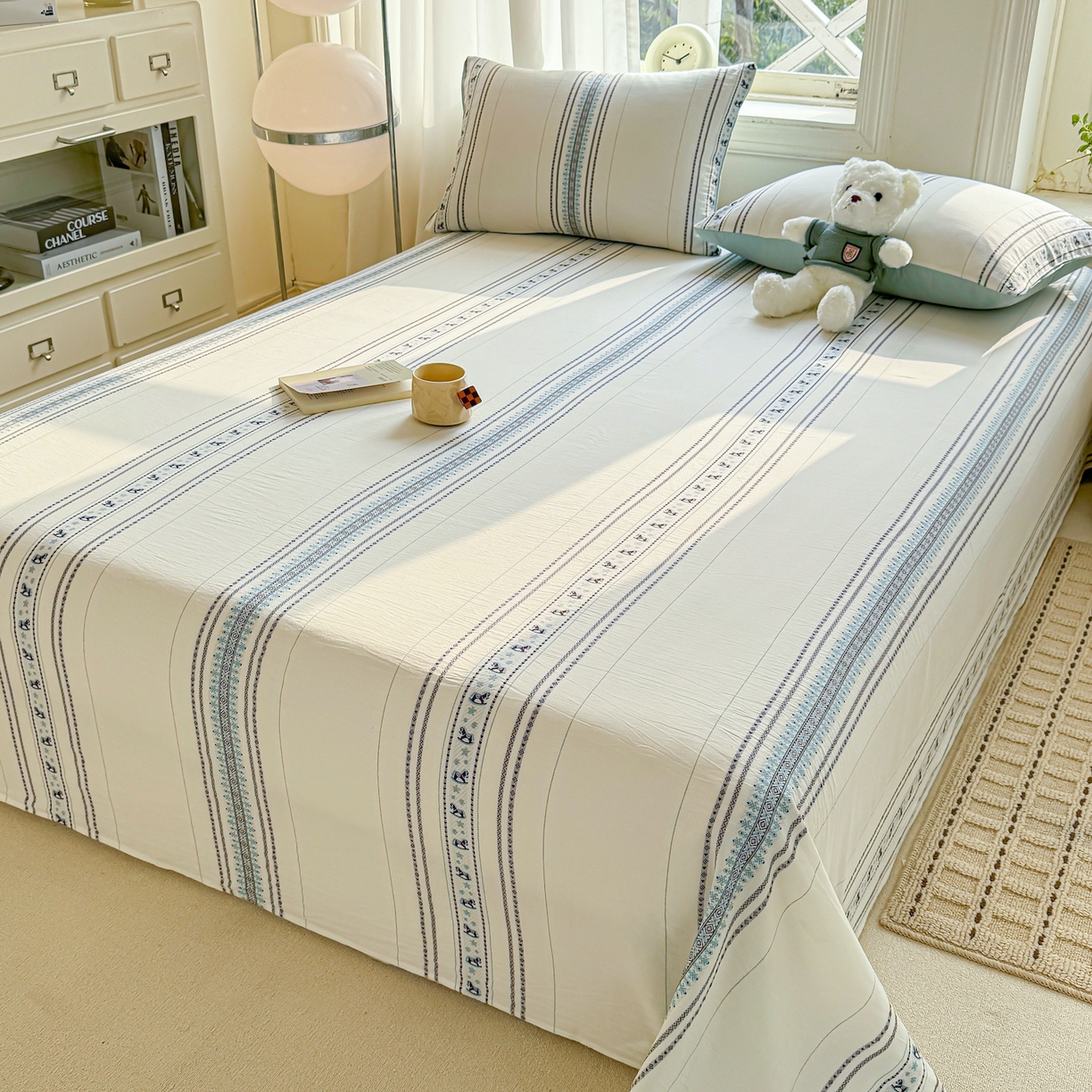 91家纺网 家纺一手货源 找家纺 灰鲸 2026新款全棉纯棉色织提花床单单床单床单单件 费尔岛小马-蓝