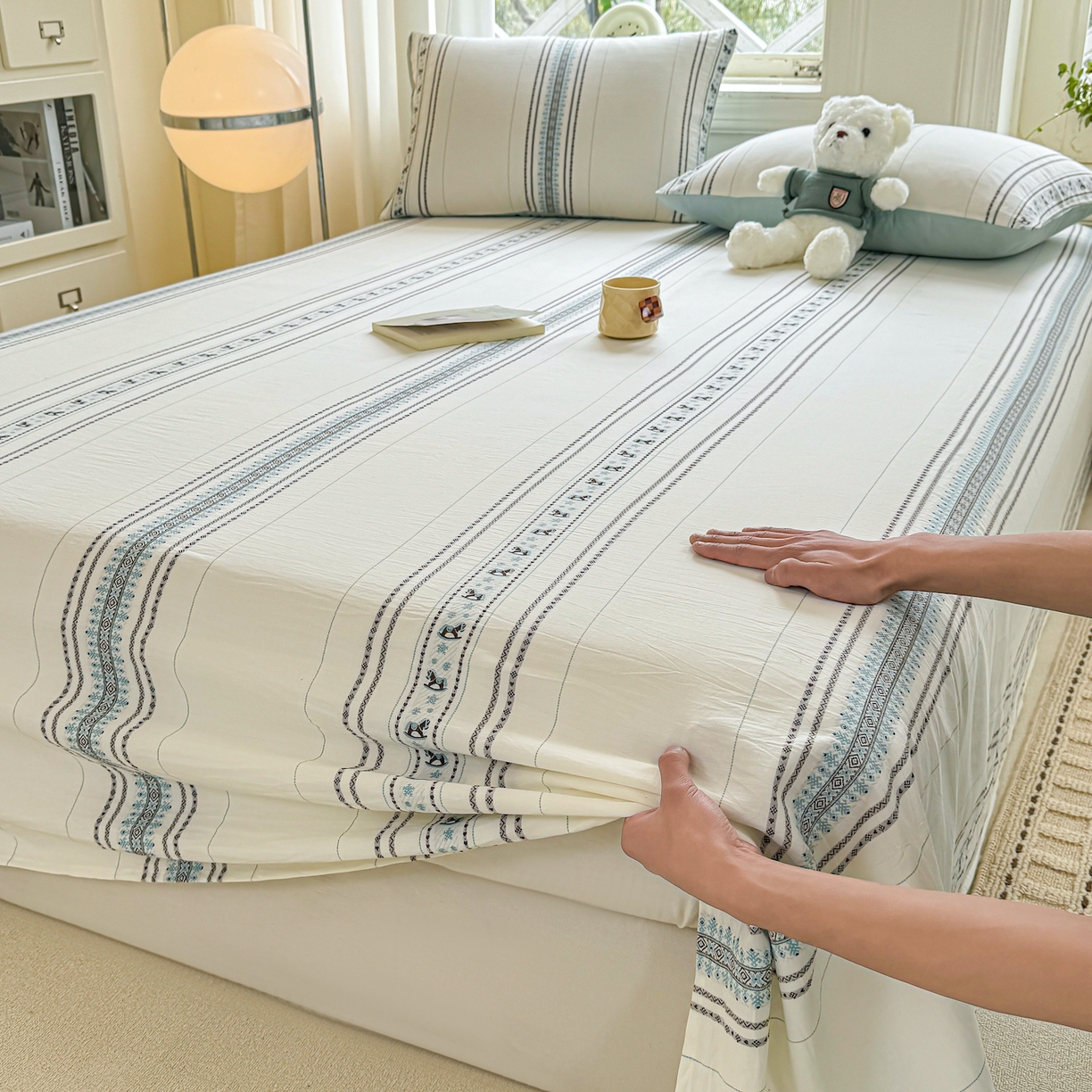 91家纺网 家纺一手货源 找家纺 灰鲸 2026新款全棉纯棉色织提花床单单床单床单单件 费尔岛小马-蓝