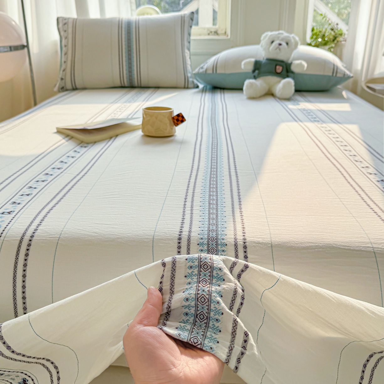 91家纺网 家纺一手货源 找家纺 灰鲸 2026新款全棉纯棉色织提花床单单床单床单单件 费尔岛小马-蓝