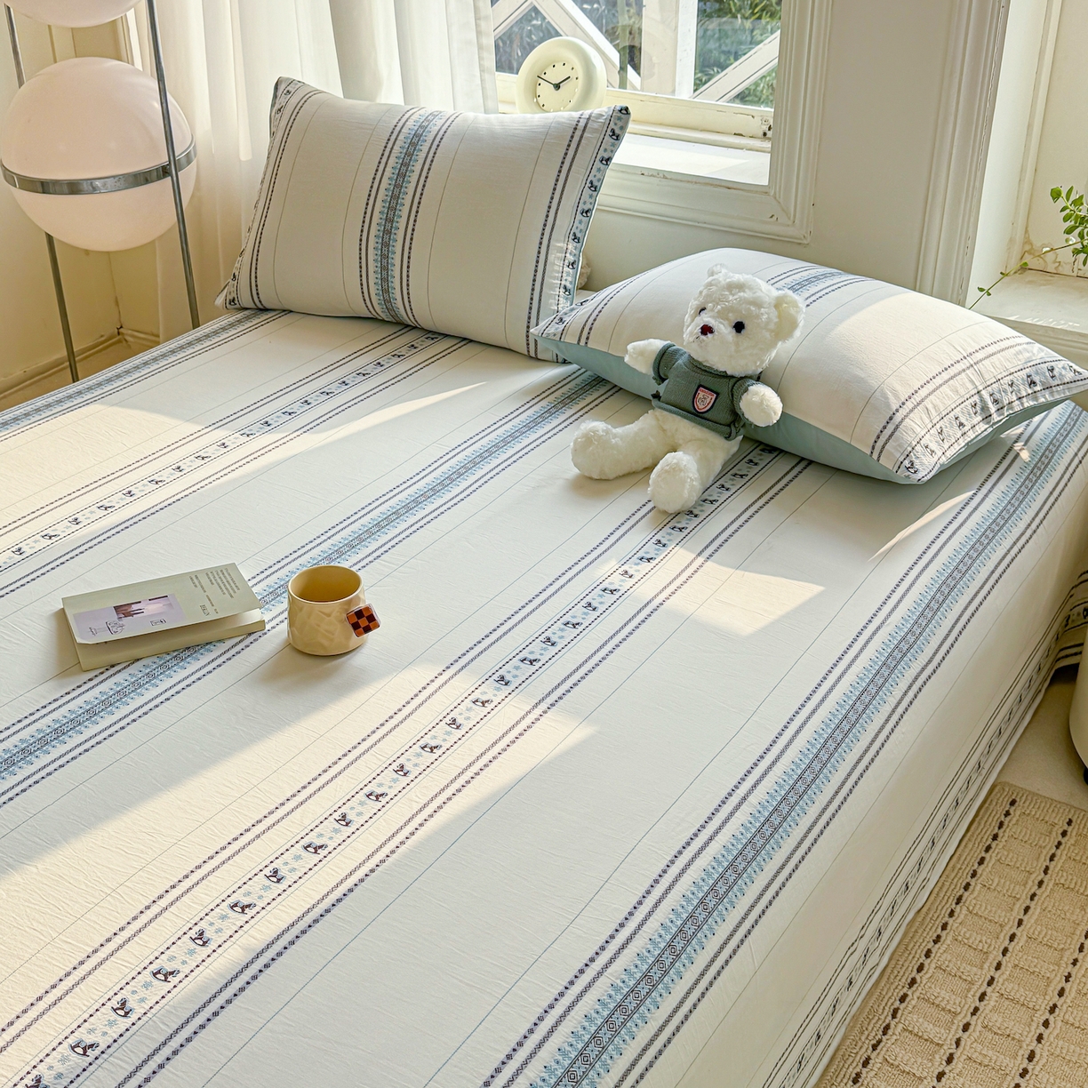 91家纺网 家纺一手货源 找家纺 灰鲸 2026新款全棉纯棉色织提花床单单床单床单单件 费尔岛小马-蓝