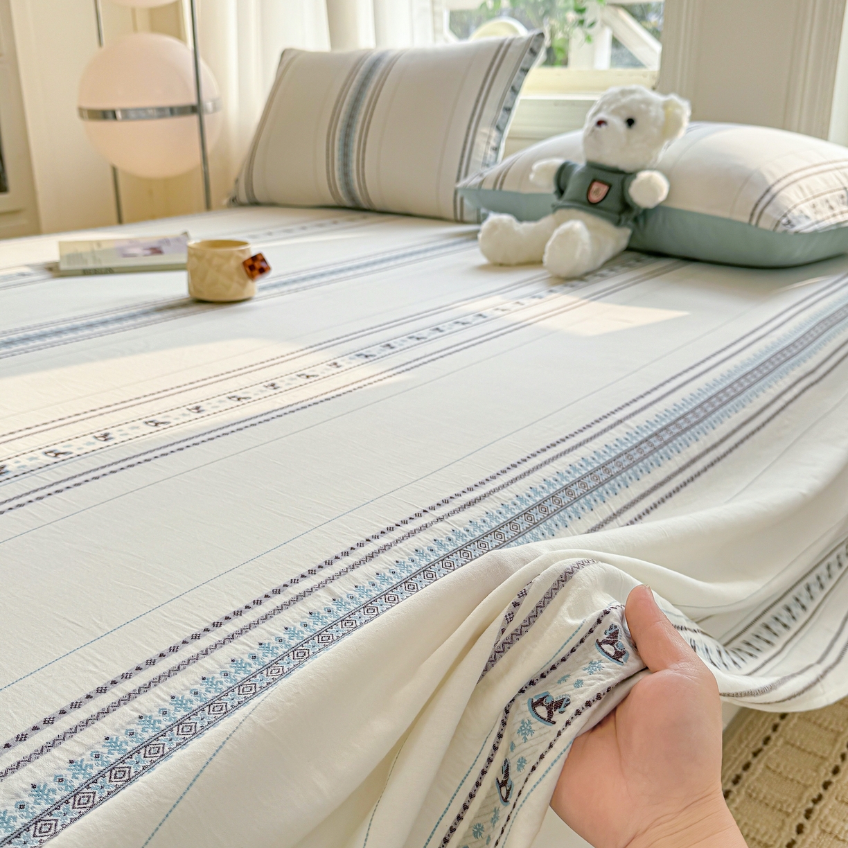 91家纺网 家纺一手货源 找家纺 灰鲸 2026新款全棉纯棉色织提花床单单床单床单单件 费尔岛小马-蓝