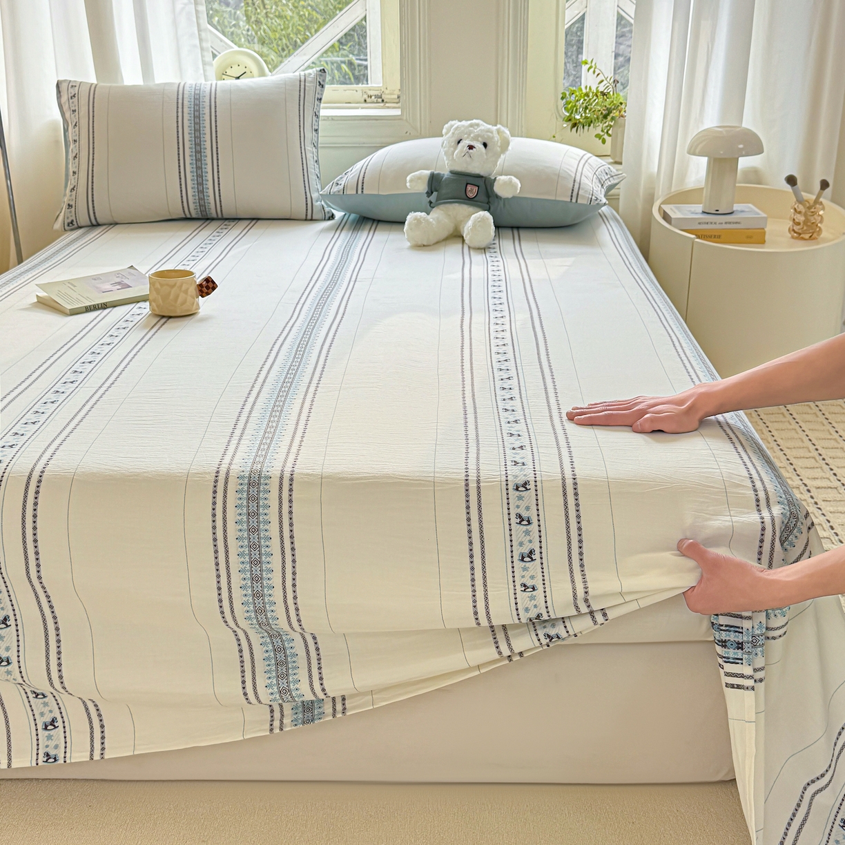 91家纺网 家纺一手货源 找家纺 灰鲸 2026新款全棉纯棉色织提花床单单床单床单单件 费尔岛小马-蓝