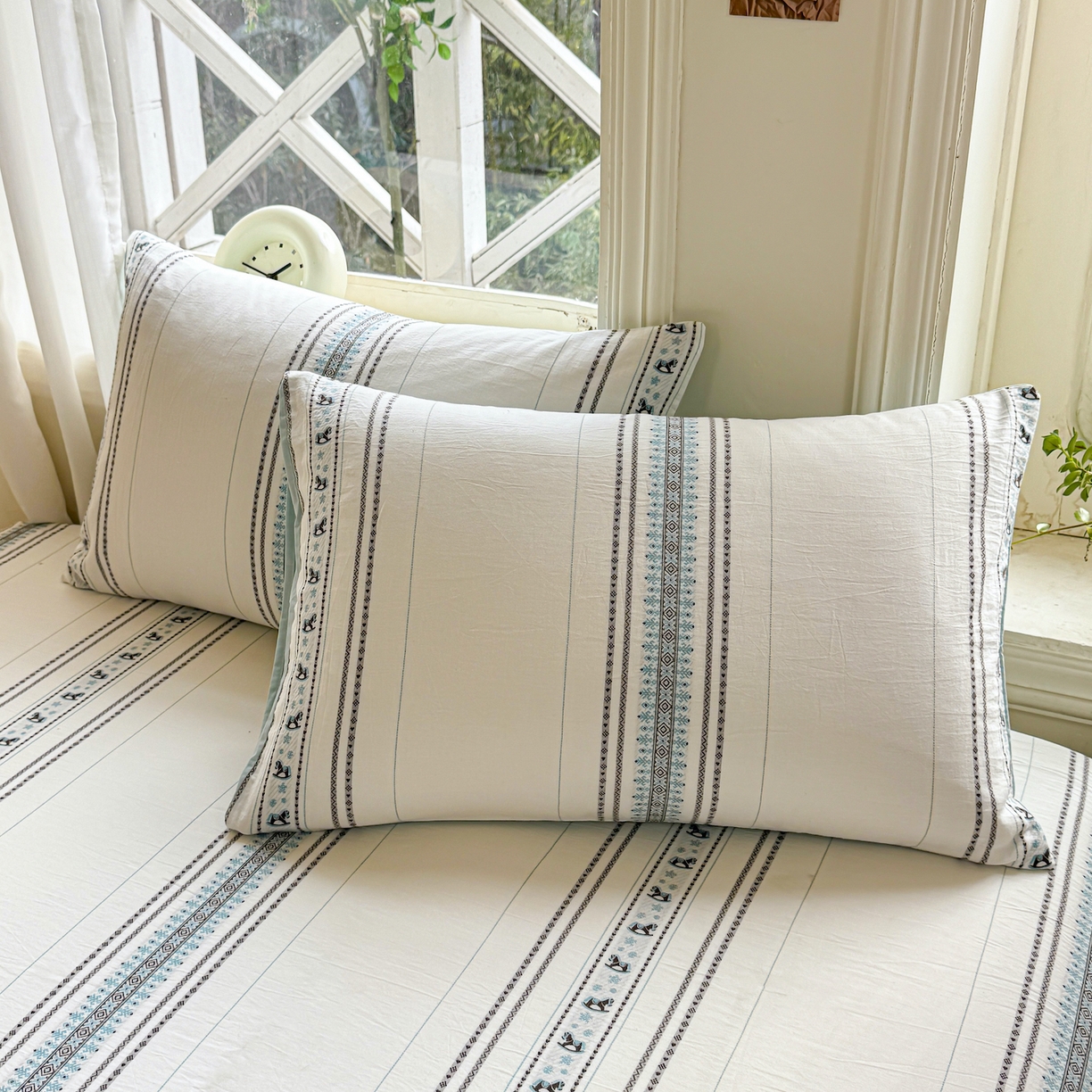 91家纺网 家纺一手货源 找家纺 灰鲸 2026新款全棉纯棉色织提花床单单床单床单单件 费尔岛小马-蓝