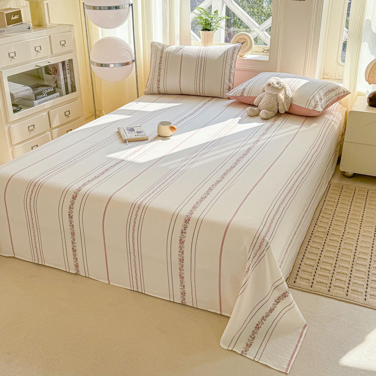 91家纺网 家纺一手货源 找家纺 灰鲸 2026新款全棉纯棉色织提花床单单床单床单单件 罗兰-粉