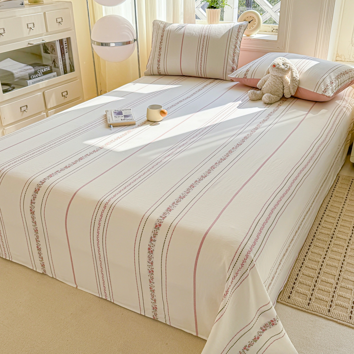 91家纺网 家纺一手货源 找家纺 灰鲸 2026新款全棉纯棉色织提花床单单床单床单单件 罗兰-粉