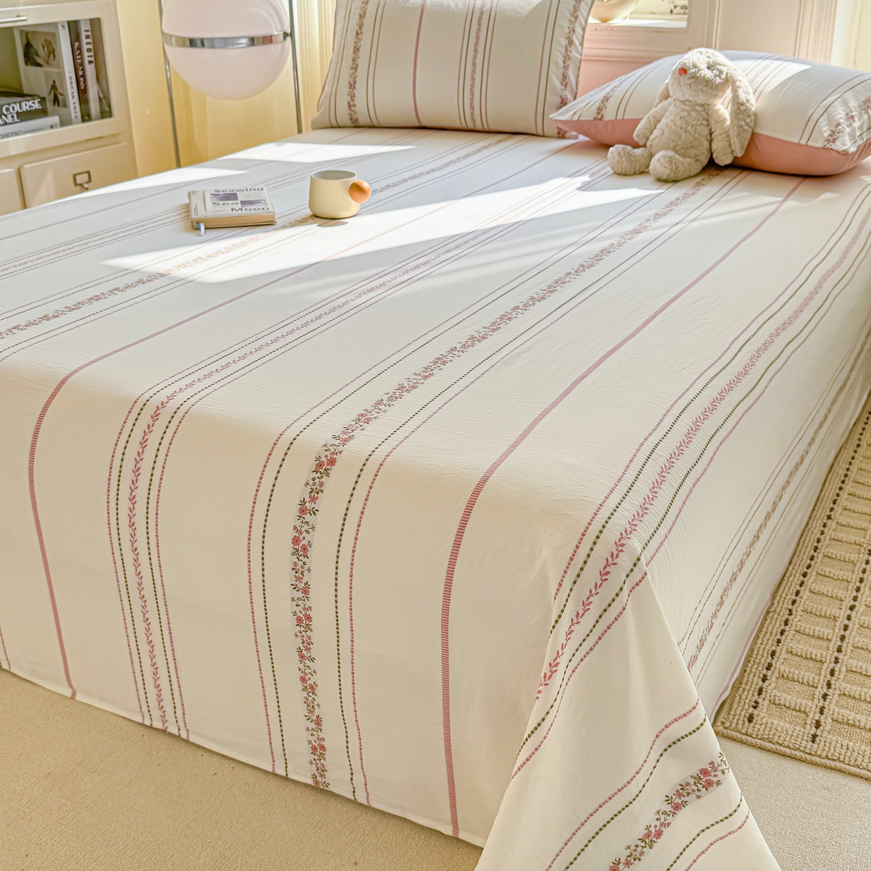 91家纺网 家纺一手货源 找家纺 灰鲸 2026新款全棉纯棉色织提花床单单床单床单单件 罗兰-粉