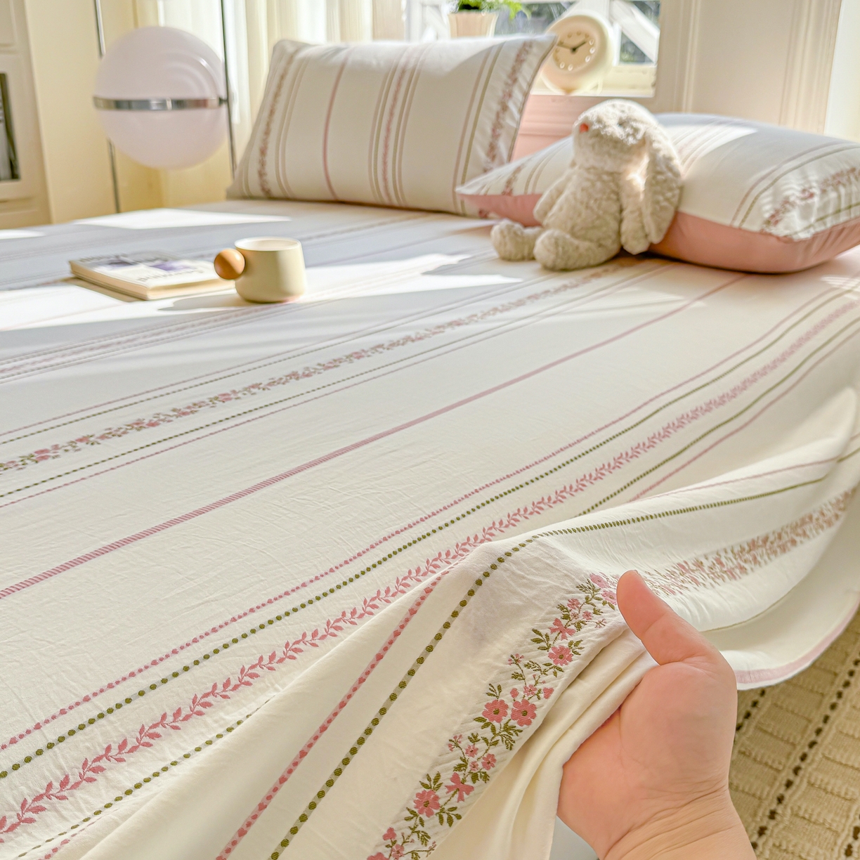 91家纺网 家纺一手货源 找家纺 灰鲸 2026新款全棉纯棉色织提花床单单床单床单单件 罗兰-粉