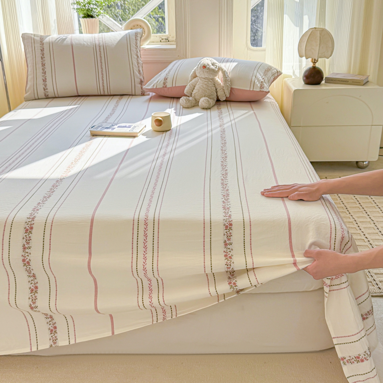 91家纺网 家纺一手货源 找家纺 灰鲸 2026新款全棉纯棉色织提花床单单床单床单单件 罗兰-粉