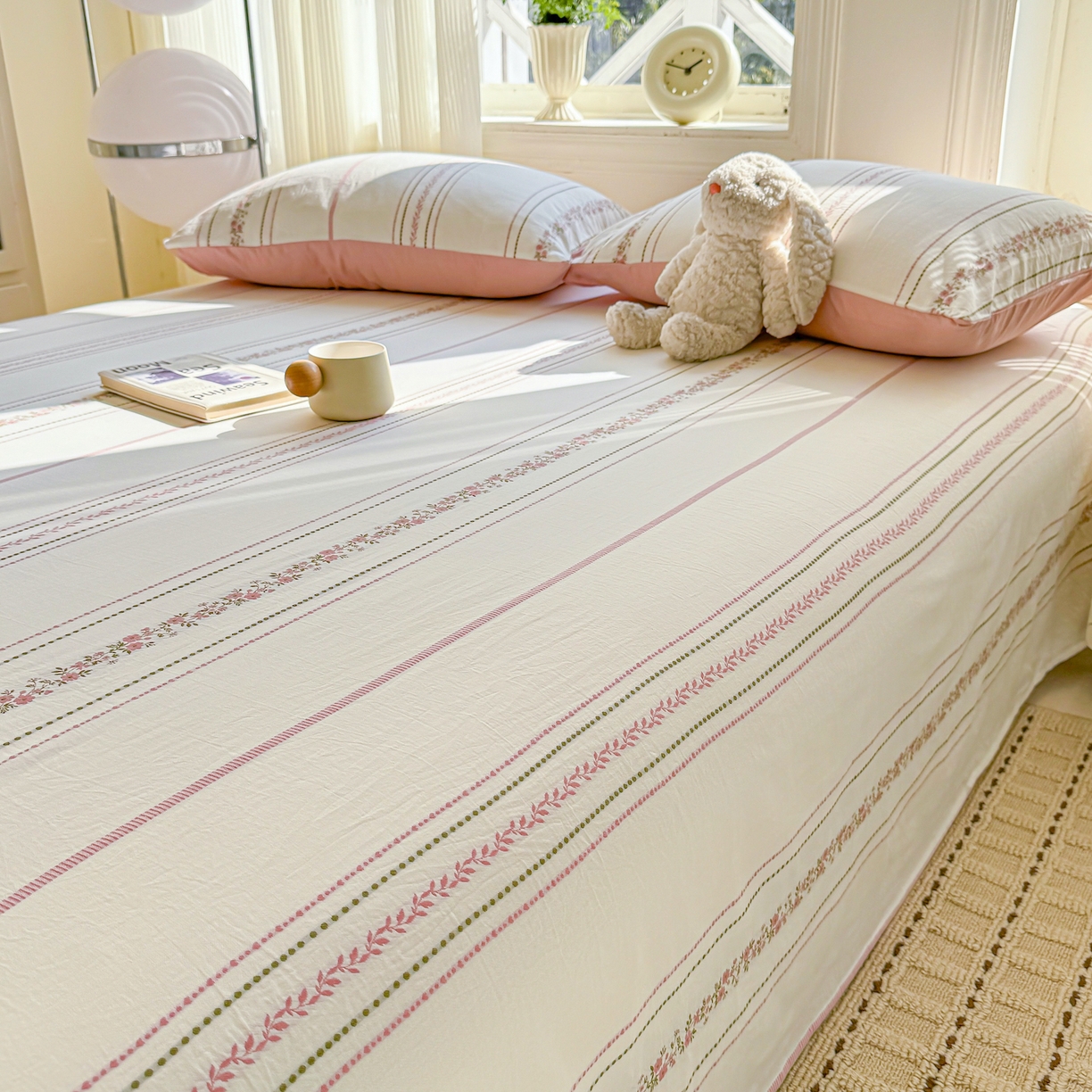 91家纺网 家纺一手货源 找家纺 灰鲸 2026新款全棉纯棉色织提花床单单床单床单单件 罗兰-粉