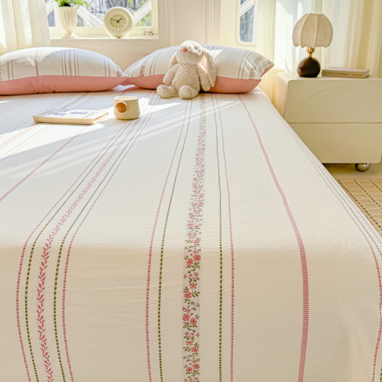 91家纺网 家纺一手货源 找家纺 灰鲸 2026新款全棉纯棉色织提花床单单床单床单单件 罗兰-粉