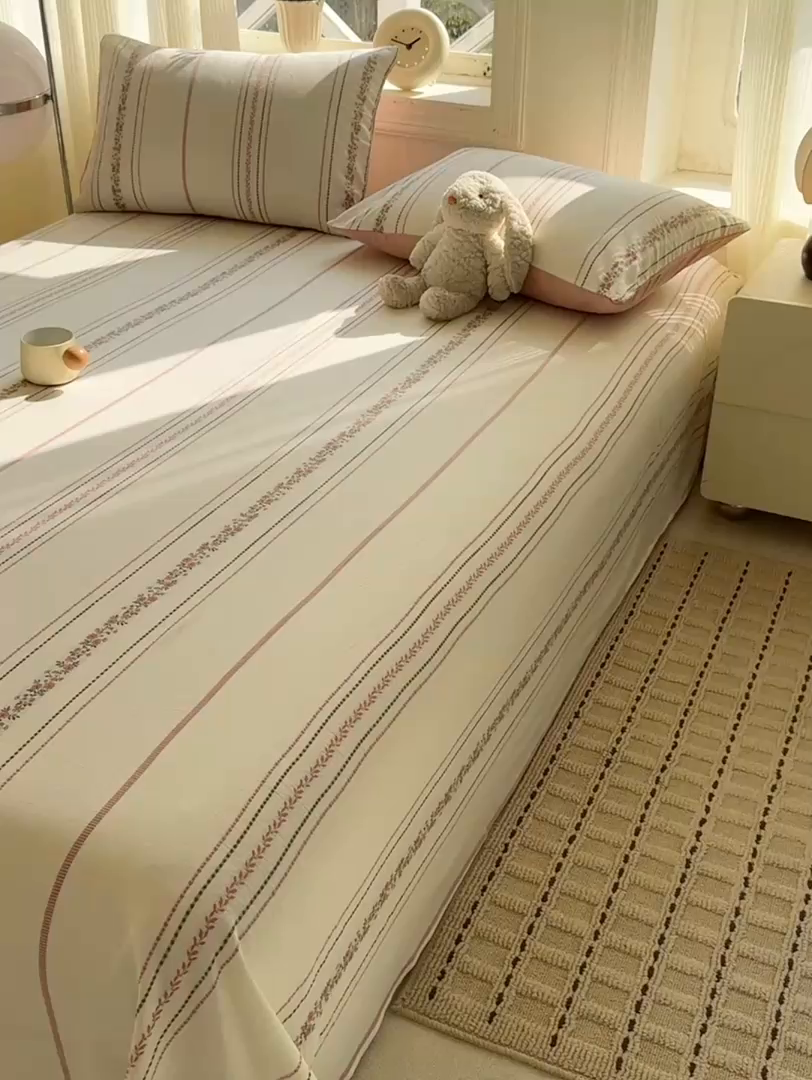 91家纺网 家纺一手货源 找家纺 灰鲸 2026新款全棉纯棉色织提花床单单床单床单单件 罗兰-粉