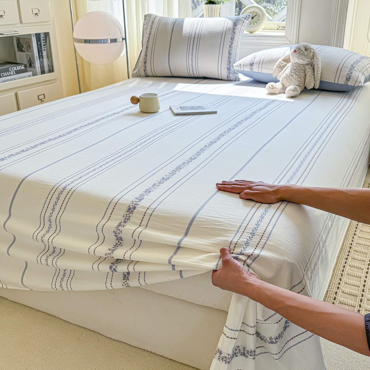 91家纺网 家纺一手货源 找家纺 灰鲸 2026新款全棉纯棉色织提花床单单床单床单单件 罗兰-蓝