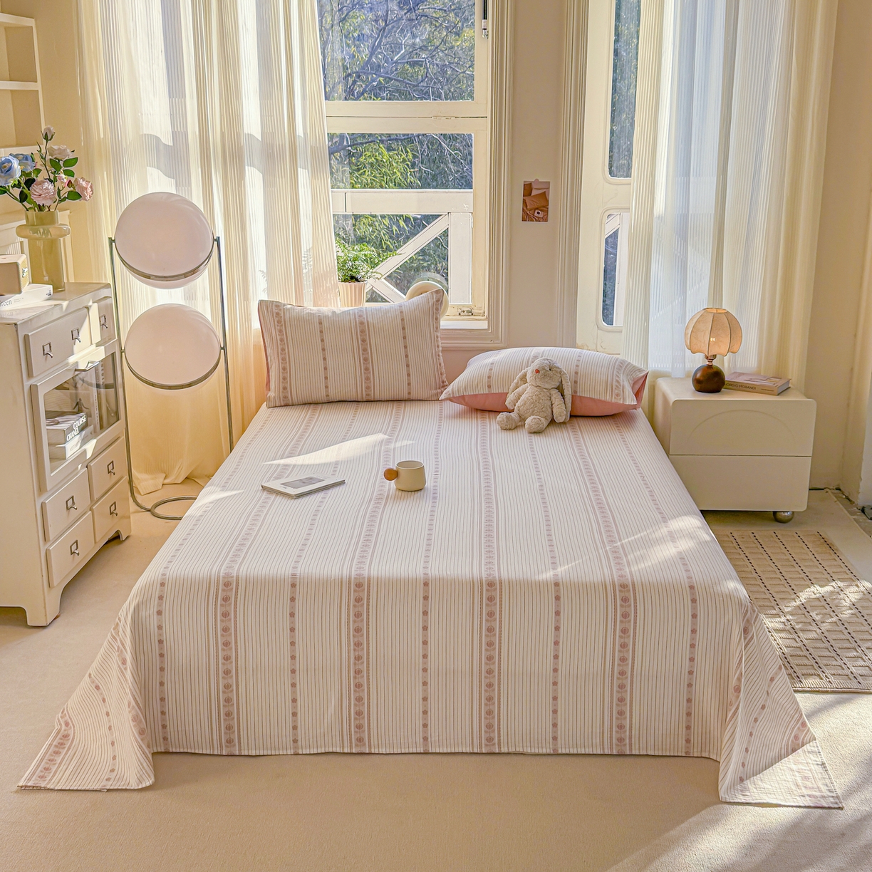 91家纺网 家纺一手货源 找家纺 灰鲸 2026新款全棉纯棉色织提花床单单床单床单单件 木槿-粉