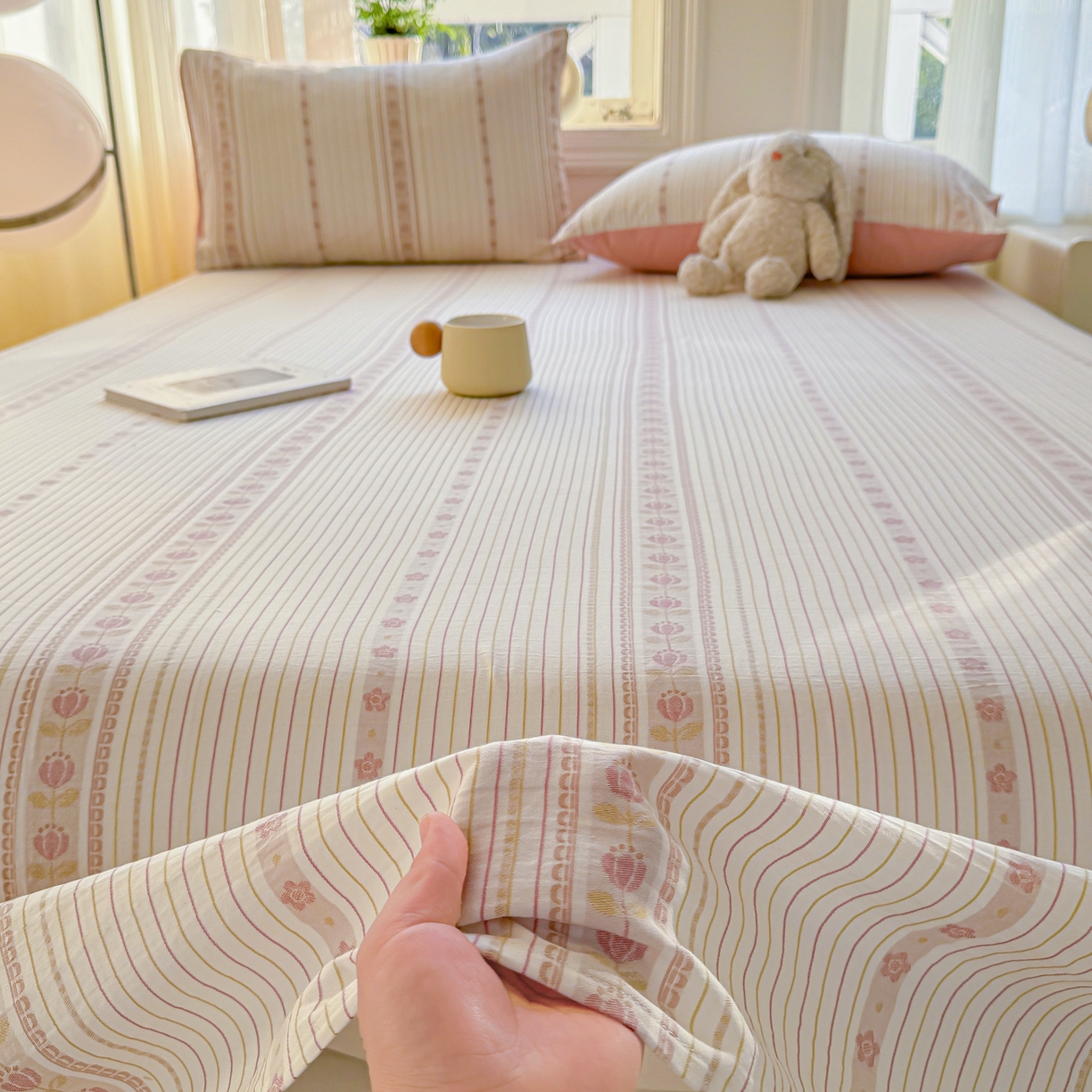 91家纺网 家纺一手货源 找家纺 灰鲸 2026新款全棉纯棉色织提花床单单床单床单单件 木槿-粉