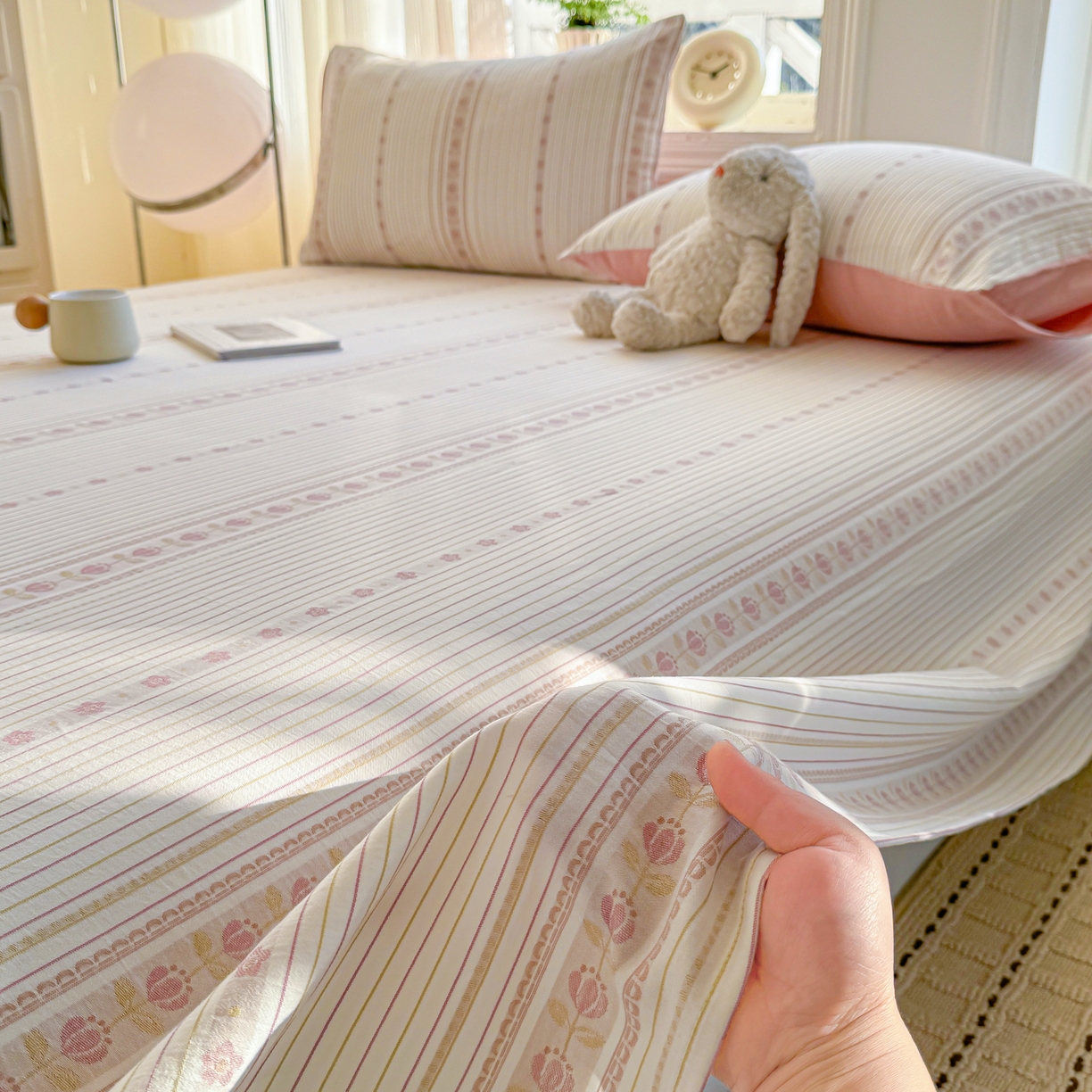 91家纺网 家纺一手货源 找家纺 灰鲸 2026新款全棉纯棉色织提花床单单床单床单单件 木槿-粉