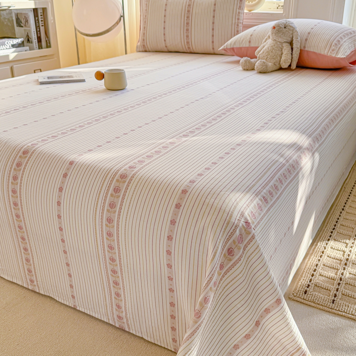 91家纺网 家纺一手货源 找家纺 灰鲸 2026新款全棉纯棉色织提花床单单床单床单单件 木槿-粉