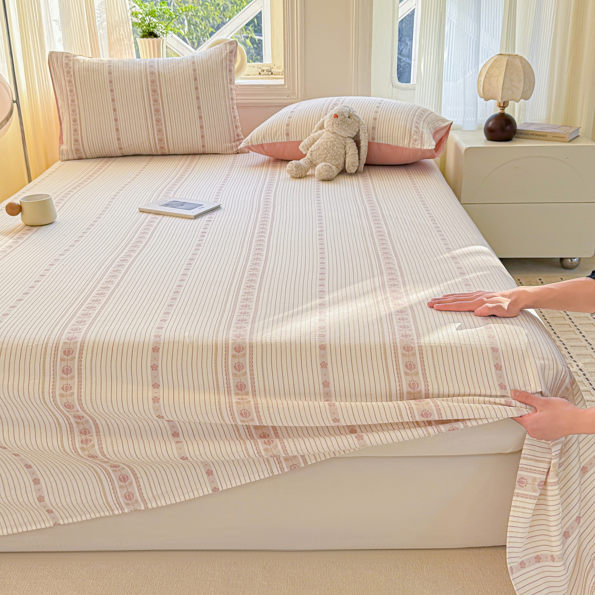 91家纺网 家纺一手货源 找家纺 灰鲸 2026新款全棉纯棉色织提花床单单床单床单单件 木槿-粉