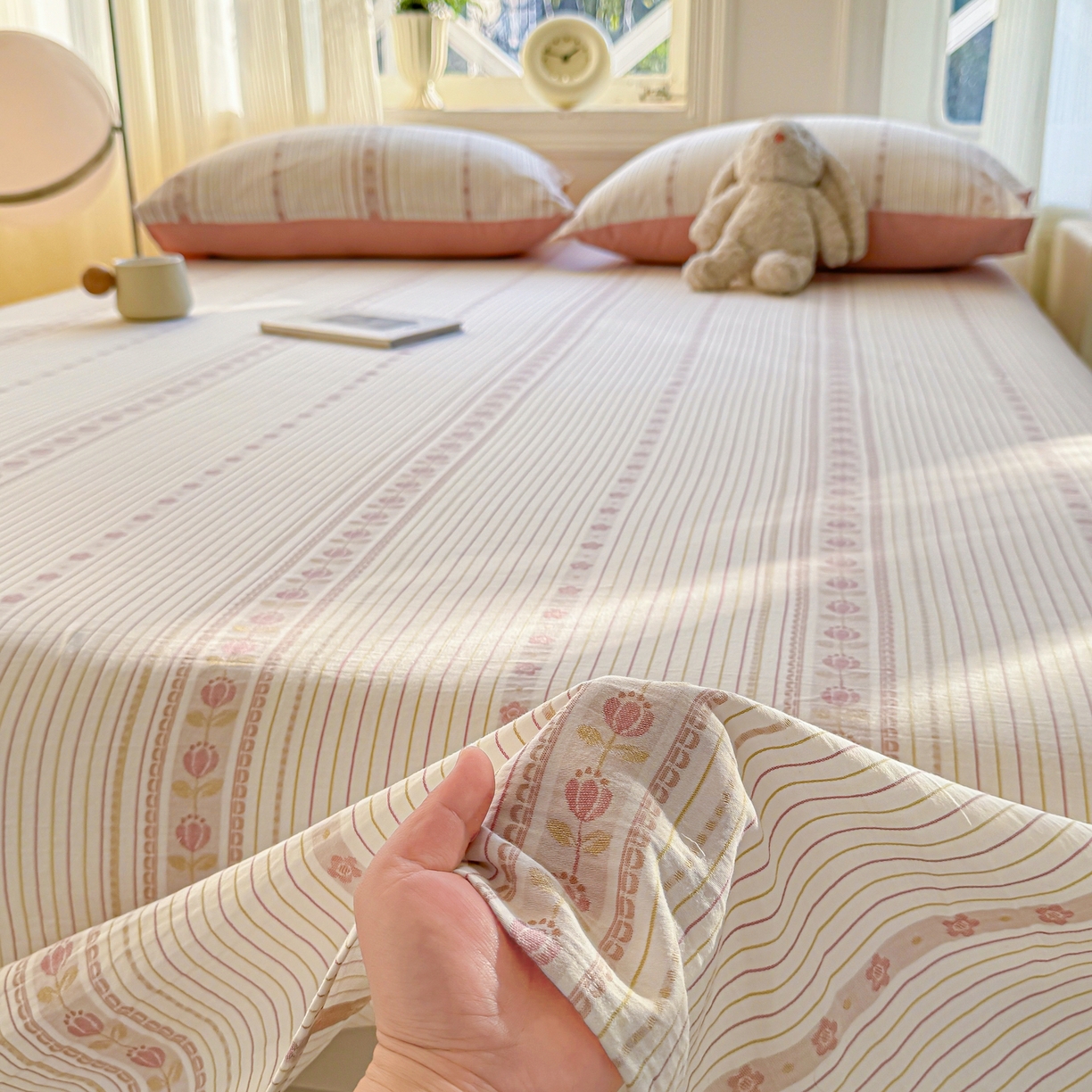 91家纺网 家纺一手货源 找家纺 灰鲸 2026新款全棉纯棉色织提花床单单床单床单单件 木槿-粉