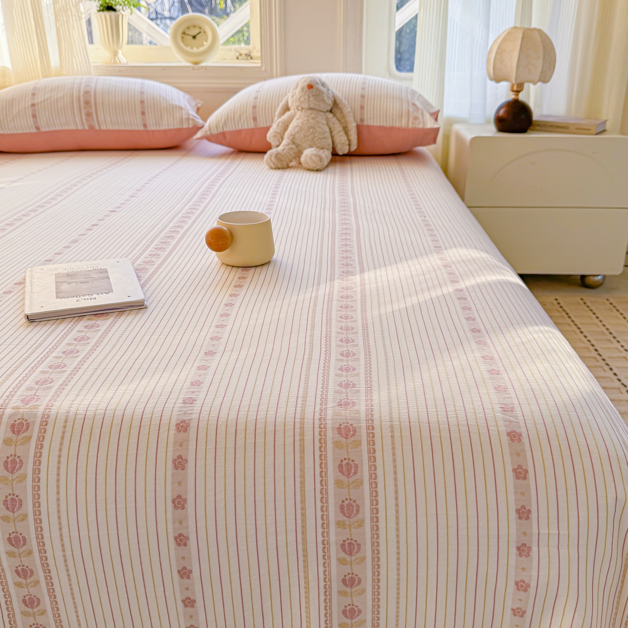 91家纺网 家纺一手货源 找家纺 灰鲸 2026新款全棉纯棉色织提花床单单床单床单单件 木槿-粉