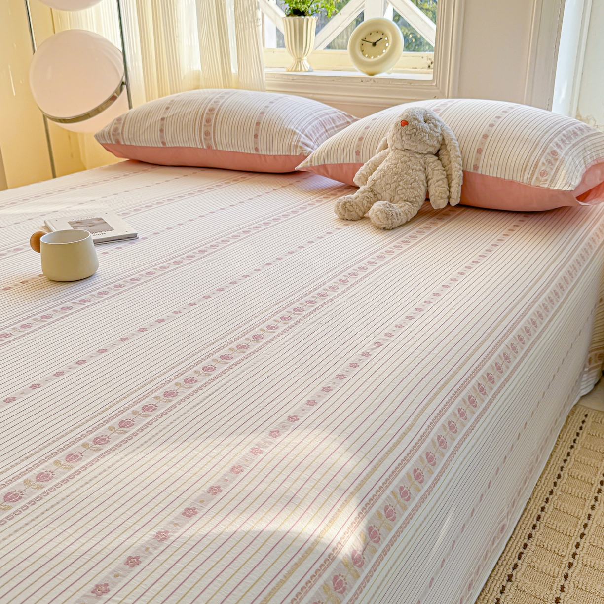 91家纺网 家纺一手货源 找家纺 灰鲸 2026新款全棉纯棉色织提花床单单床单床单单件 木槿-粉