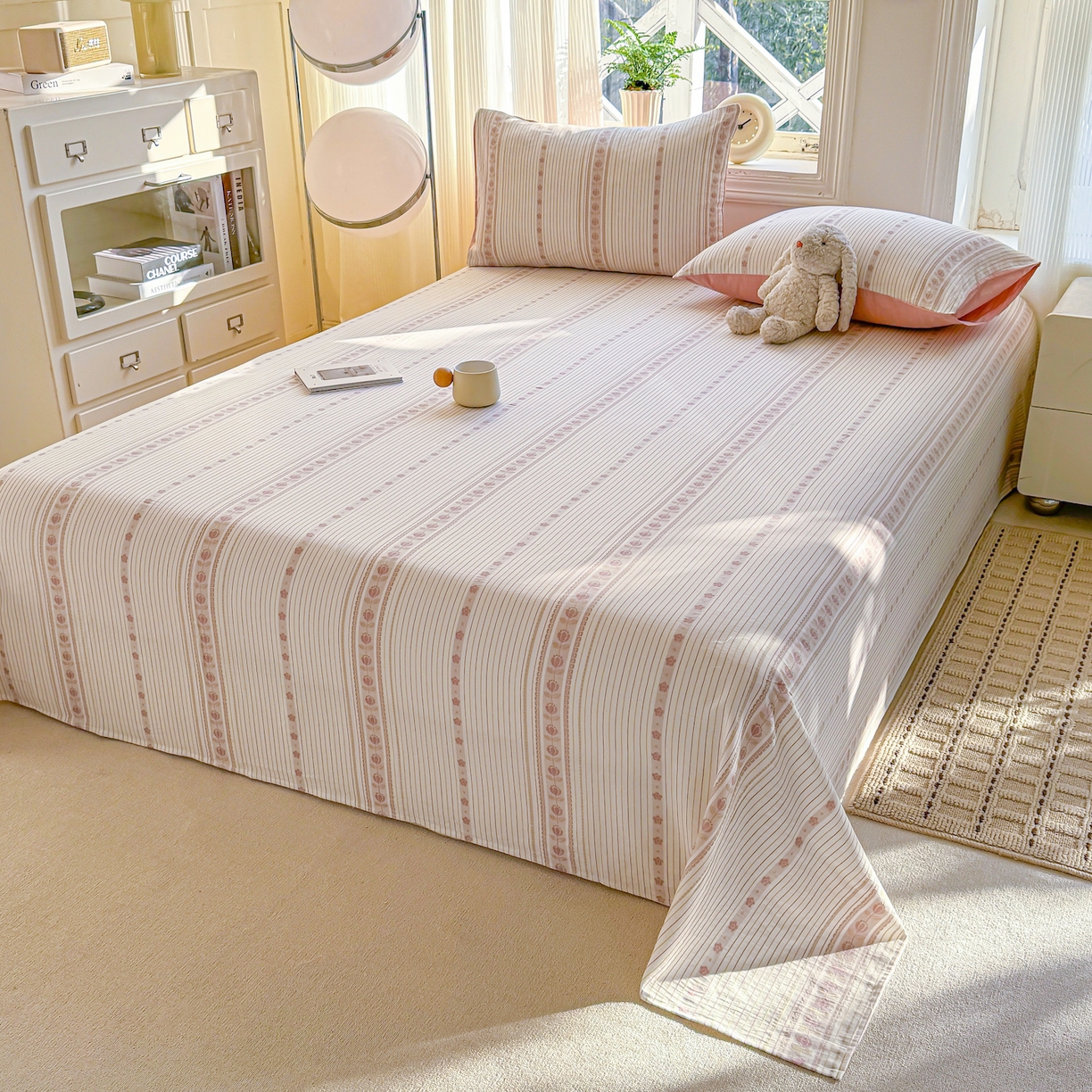 91家纺网 家纺一手货源 找家纺 灰鲸 2026新款全棉纯棉色织提花床单单床单床单单件 木槿-粉