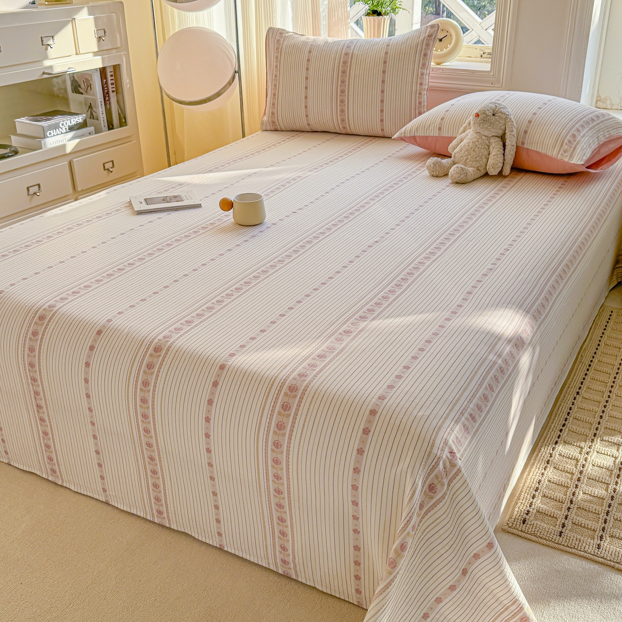 91家纺网 家纺一手货源 找家纺 灰鲸 2026新款全棉纯棉色织提花床单单床单床单单件 木槿-粉