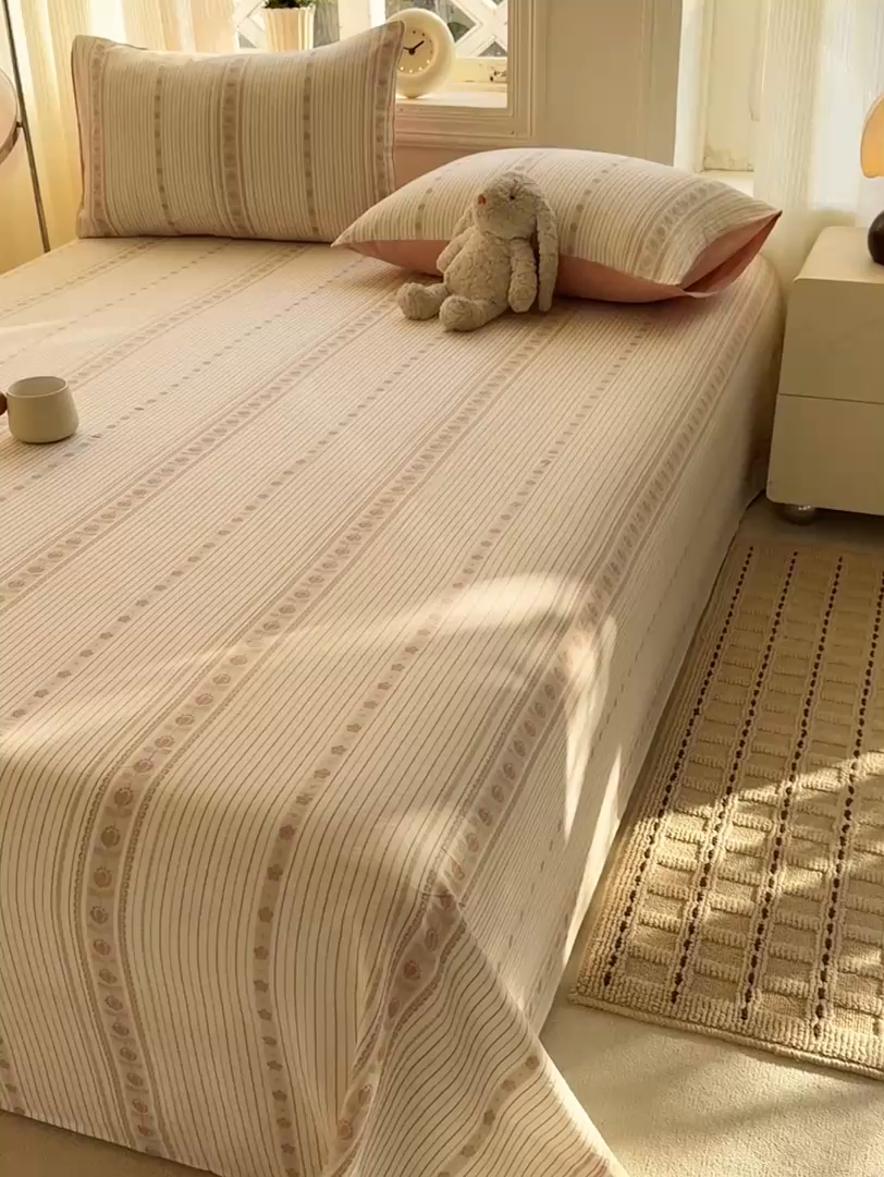 91家纺网 家纺一手货源 找家纺 灰鲸 2026新款全棉纯棉色织提花床单单床单床单单件 木槿-粉