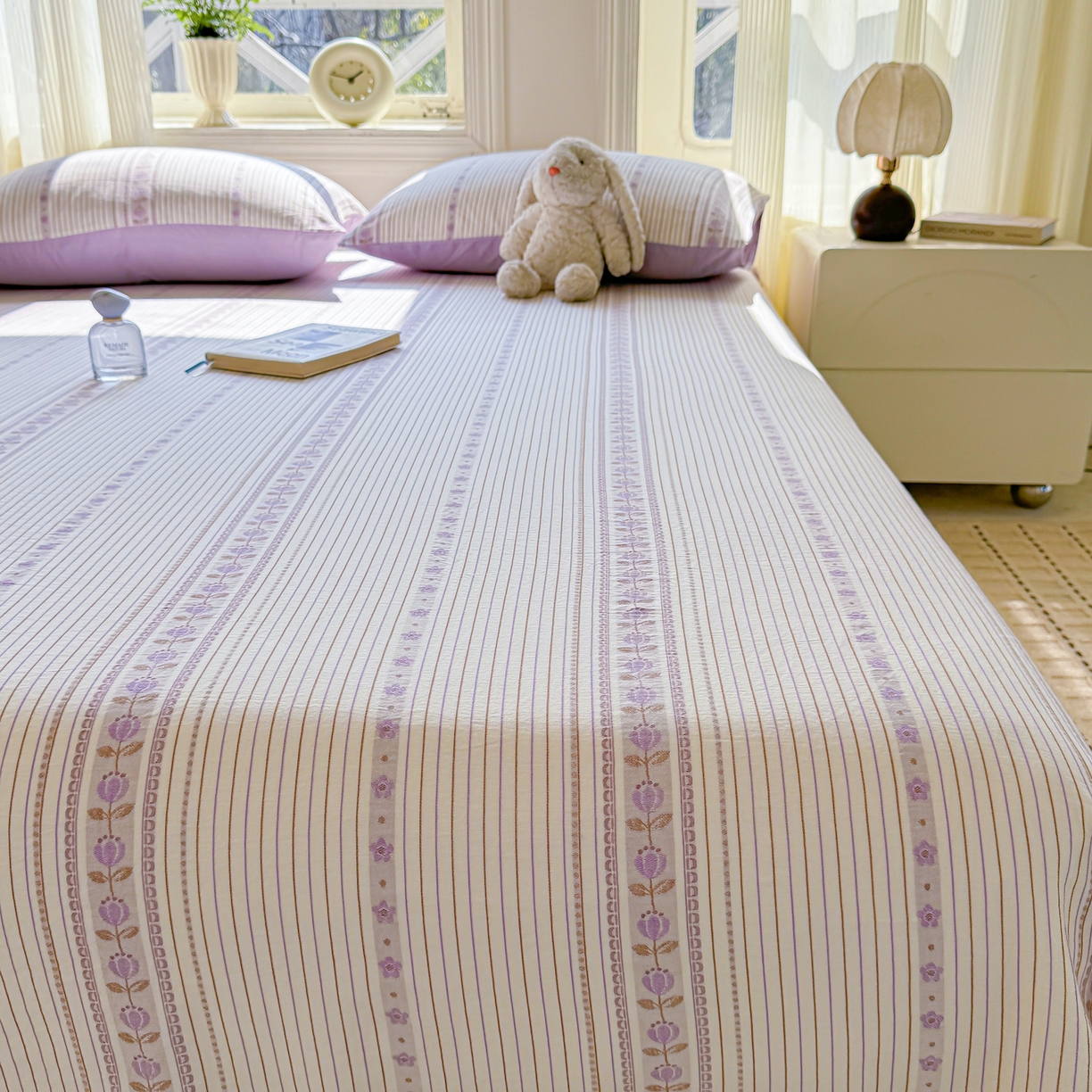 91家纺网 家纺一手货源 找家纺 灰鲸 2026新款全棉纯棉色织提花床单单床单床单单件 木槿-紫