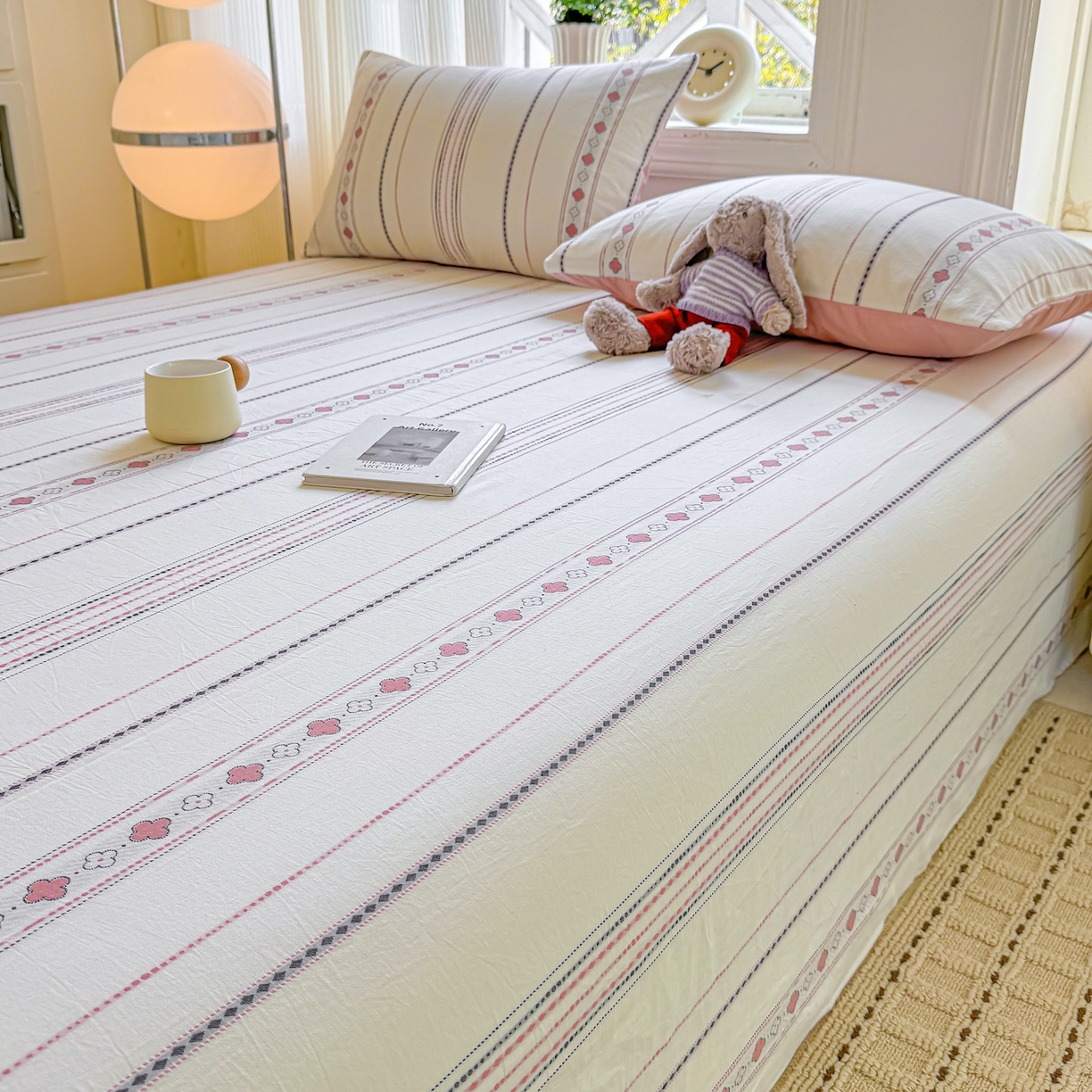 91家纺网 家纺一手货源 找家纺 灰鲸 2026新款全棉纯棉色织提花床单单床单床单单件 四叶星语-粉