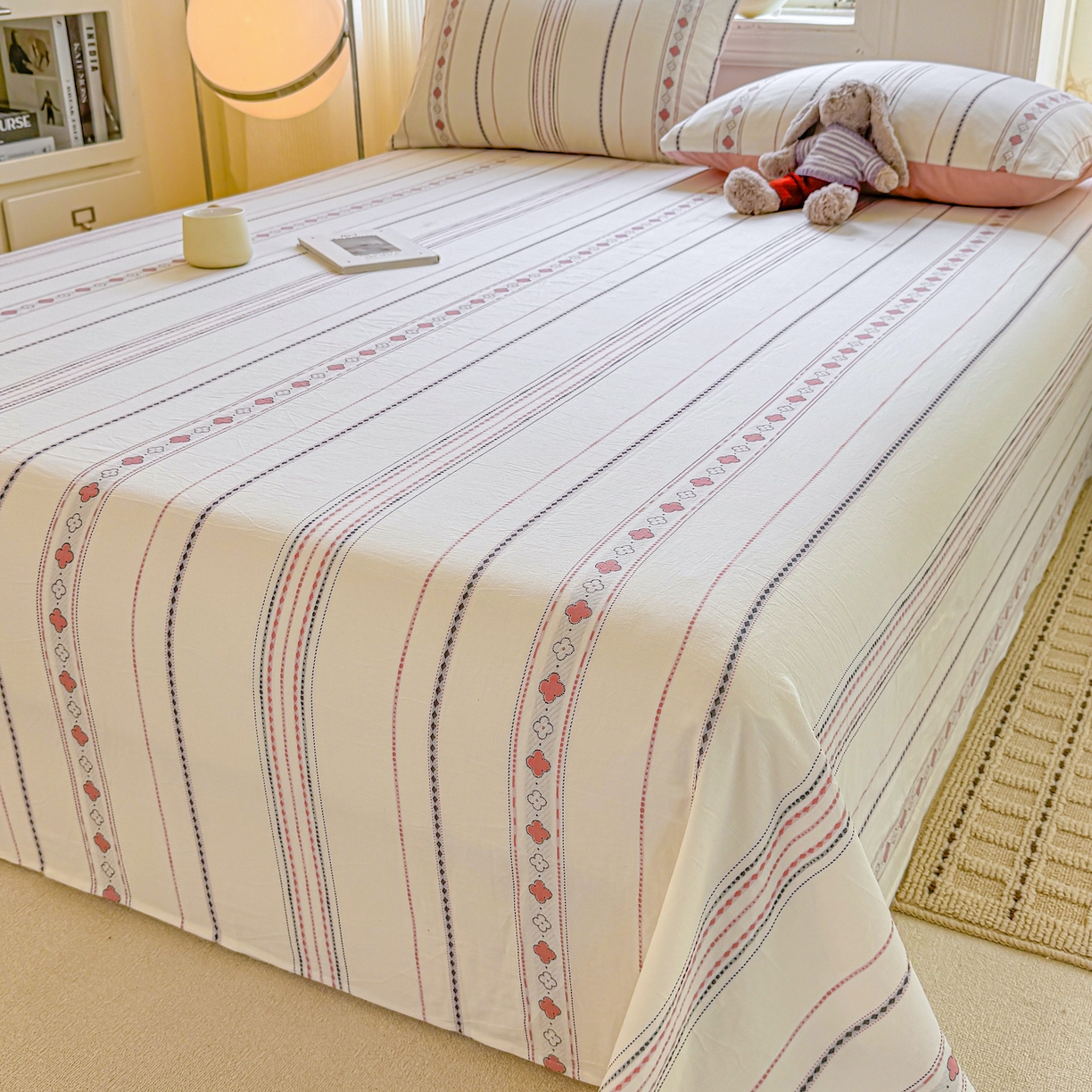 91家纺网 家纺一手货源 找家纺 灰鲸 2026新款全棉纯棉色织提花床单单床单床单单件 四叶星语-粉