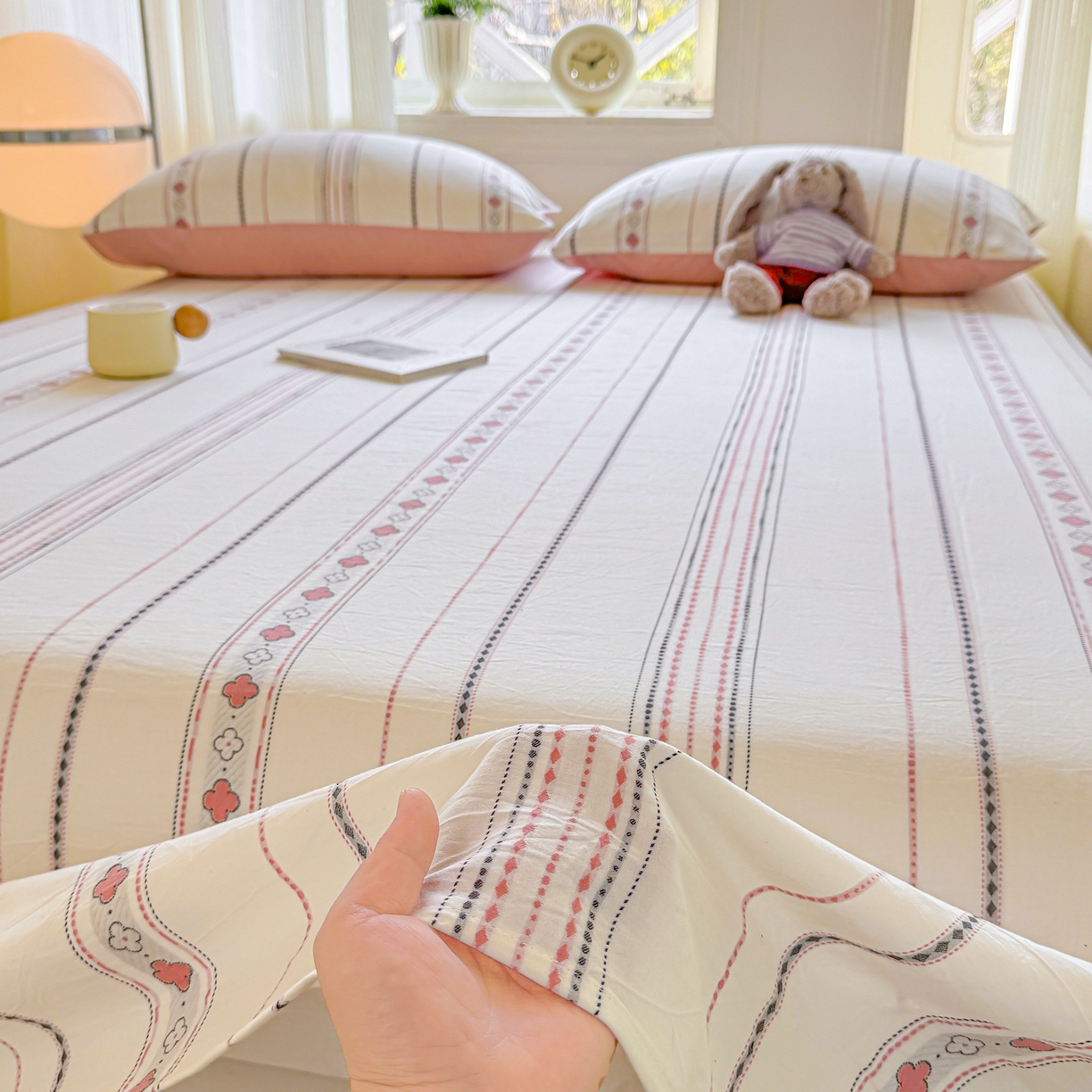 91家纺网 家纺一手货源 找家纺 灰鲸 2026新款全棉纯棉色织提花床单单床单床单单件 四叶星语-粉