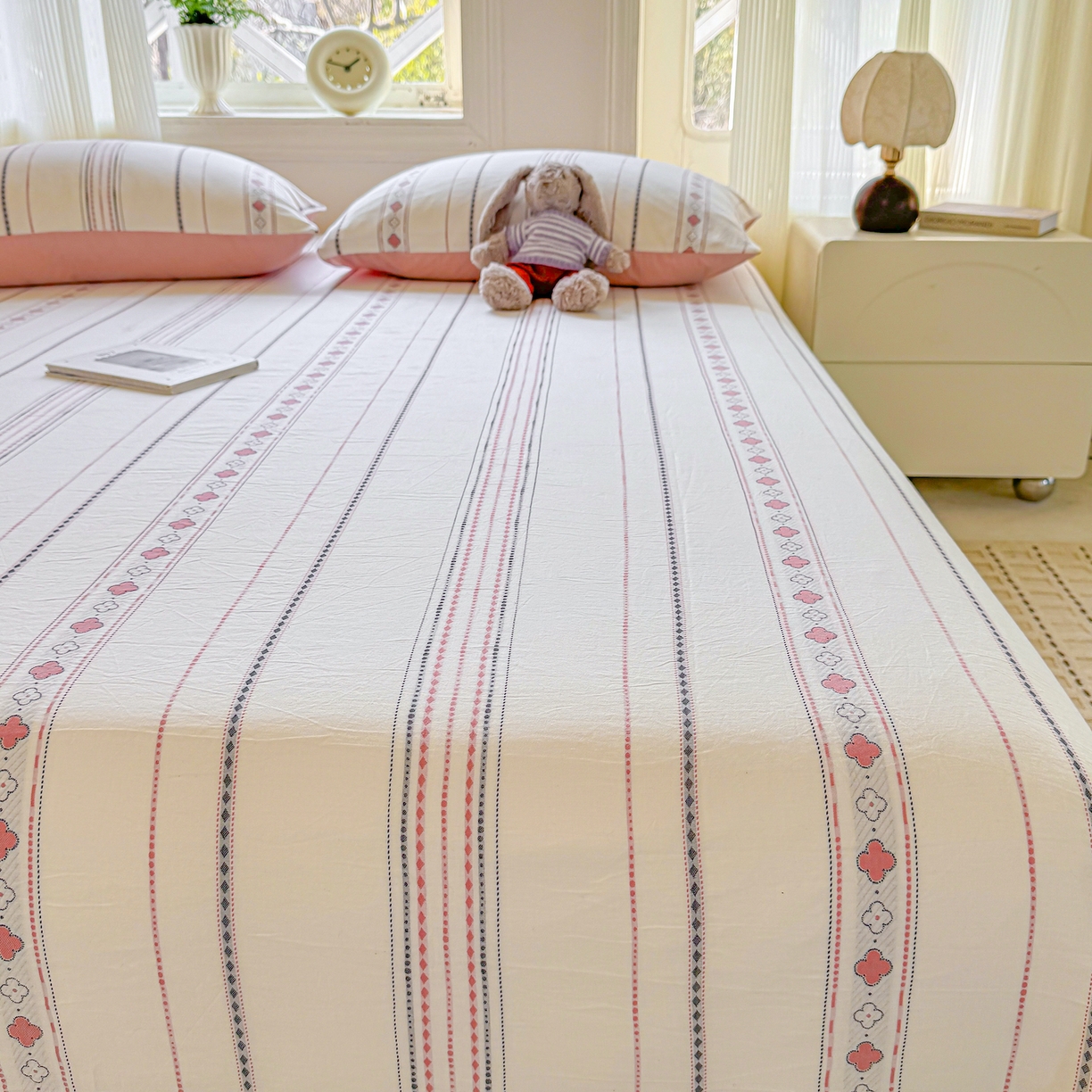 91家纺网 家纺一手货源 找家纺 灰鲸 2026新款全棉纯棉色织提花床单单床单床单单件 四叶星语-粉